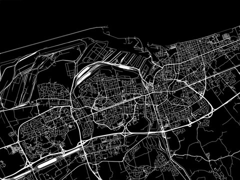 Vector road map of the city of  Dunkirk in France on a black background.