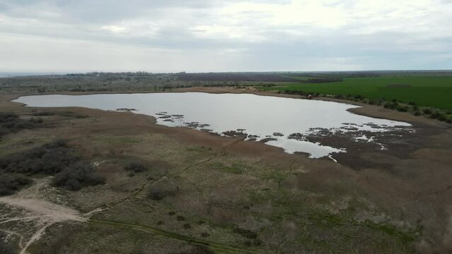 Aerial view coastal dune lake