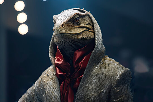 Illustration of a comodo dragon wearing a dress like a model walks down the fashion runway or catwalk. The stage lights are focused on it. Generative Ai.