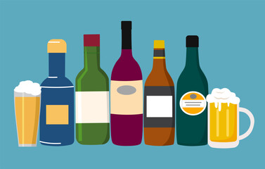 Alcohol drink concept vector illustration. Wine bottles and beer glasses in flat design.