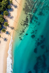 Fototapeta na wymiar Aerial view of beautiful tropical beach and sea with coconut palm tree. Generative AI.