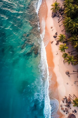 Aerial view of beautiful tropical beach and sea with coconut palm tree. Generative AI.