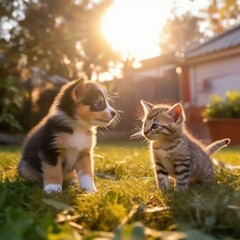 Naklejka na ściany i meble photograph of an adorable dog and cat sitting living room background