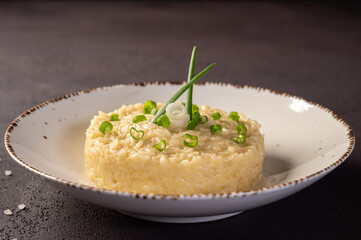 Freshly cooked vegetarian risotto with parmesan cheese and green onion. Italian risotto.
