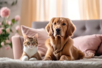 photograph of an adorable dog and cat sitting living room background - obrazy, fototapety, plakaty