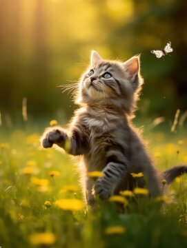 A cute kitten chasing butterfly