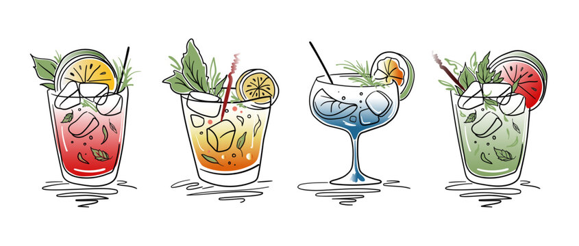 Cocktails collection line art drawing on white background. Summer drinks outline. Drinks for cafe or bar menu vector illustration