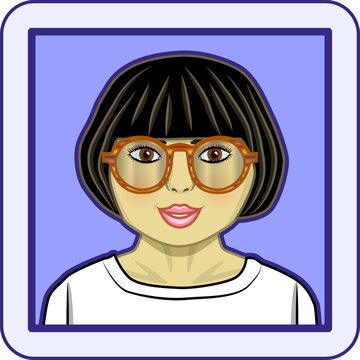 Avatar profile pic of young Asian woman with black hair, brown eyes and big glasses. Vector illustration.