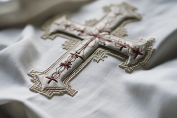 Embroidered cross on a white cloth, Generative AI