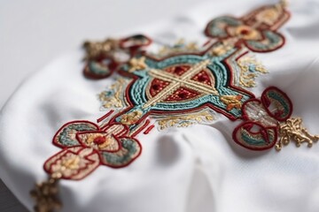 Embroidered cross on a white cloth, Generative AI