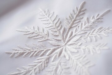 Embroidered white snowflake on white fabric, macro, closeup, Generative AI