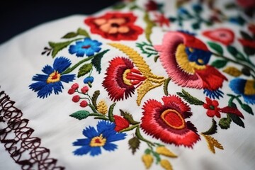 Obraz na płótnie Canvas Traditional Ukrainian embroidery, embroidered flowers on white cloth, macro, closeup, colorful, Generative AI