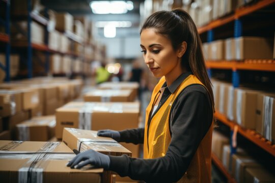 Employees work to sort cardboard boxes before shipping. At warehouse. Woman working in factory warehouse scanning labels on boxes with bar code scanner.