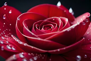 Rose bud in red color with falling water drops. Created with generative Ai technology.