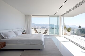 Fototapeta na wymiar Minimalist Bedroom with White Bed, Window, and City Skyline View
