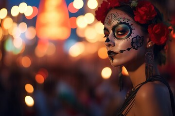 A woman on a Mexican street during the Day of the Dead with her face painted. Created with Generative Ai technology.