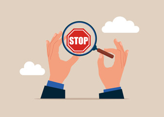 Hands human with magnifying glass and investigate incident with stop sign.  Solving problem, identify risk . Vector illustration