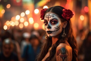 A woman on a Mexican street during the Day of the Dead with her face painted. Created with Generative Ai technology.