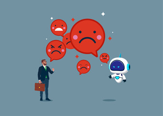 Businessman and robot with artificial intelligence holding sad and evils face symbol. Chat bot. Company no benefit, negative attitude. Flat vector illustration