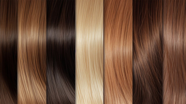 Samples of color and quality of natural hair for hair extensions or making wigs. Hair extensions and styling. Social media content for beauty salons. palette of color shades.Generative AI