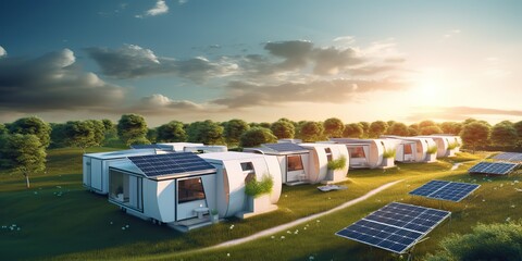 AI Generated. AI Generative. Camp van car house home rv transport with solar panel. Adventure travel outdooe nature van life with alternative electricity. Graphic Art