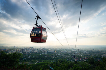 almaty kazakhstan. funicular at sunset, ascent to kok tobe mountain from city center