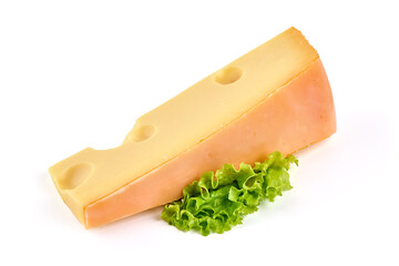 Emmental or maasdam cheese, close-up, isolated on white background.
