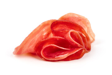 Slices of appetizing jamon. Raw ham. Isolated on white background.