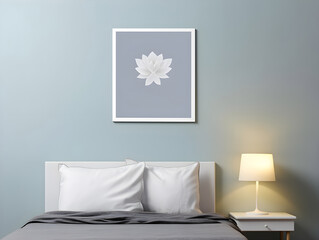 A cute girl room wall flower art mockup, blank and empty, bedroom interior with a bed. Generative AI.