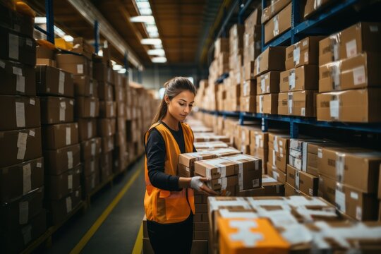 Employees work to sort cardboard boxes before shipping. At warehouse. Woman working in factory warehouse scanning labels on boxes with bar code scanner.