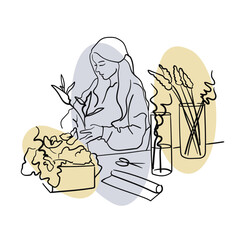 Professional florist working on table. Girl florist with flowers in line-art style with colour shape on a white background. Creation of bouquets. Flora shop. Vector outline illustration