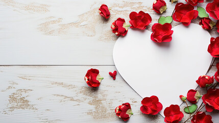 Card with red flowers on the background of a paper heart shaped tear. Valentines day