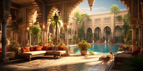 AI Generated. AI Generative. Arabic muslim moroco african palace house interior luxury style. Adventure vacation architecture design vibe. Graphic Art - obrazy, fototapety, plakaty