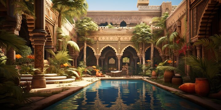 AI Generated. AI Generative. Arabic muslim moroco african palace house interior luxury style. Adventure vacation architecture design vibe. Graphic Art
