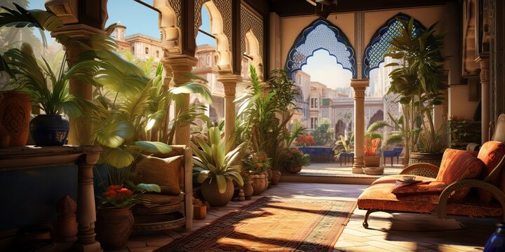 AI Generated. AI Generative. Arabic muslim moroco african palace house interior luxury style. Adventure vacation architecture design vibe. Graphic Art