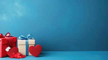 Greeting card and gift box with red heart on blue background, copy space for text - Powered by Adobe