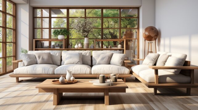 The modern interior design of the living room with a gray sofa and wooden coffee table.