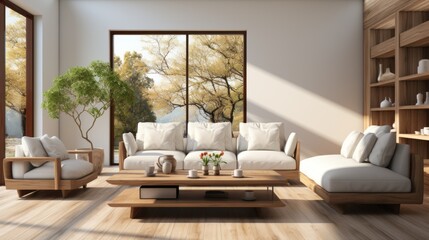 Fototapeta premium The modern interior design of the living room with a gray sofa and wooden coffee table.