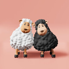 Two cute sheeps friends 3d rendering. Friendship Day. Pyjamas printing bedclothes, baby shower, children party invitation, funny clothes t-shirt. Adorable lambs greeting card Kids room interior design