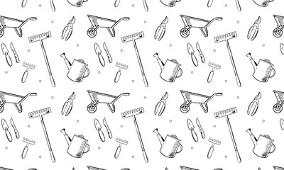 seamless pattern with hand-drawn gardening tools. rake, watering can, secateurs, cart	
 - obrazy, fototapety, plakaty