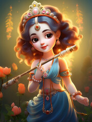 Beautiful baby Goddess Radha with flute - obrazy, fototapety, plakaty