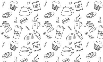 Vintage hand drawn coffe seamless pattern with retro coffee maker, milk, cake, cookies.
