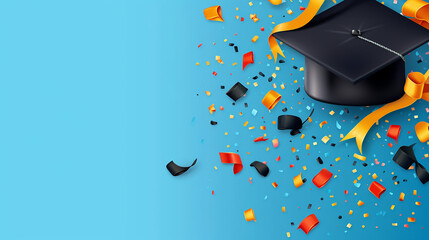 Graduation class party blue background with graduation.  - obrazy, fototapety, plakaty
