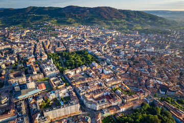 Fototapeta premium Oviedo, Spain - Aerial view of the Spanish city of Oviedo at sunrise during summer