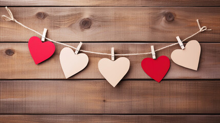 Valentines day card, pegged on to string against wood plank background
