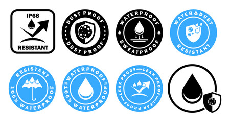 Water, dust, leak proof vector badges isolated on white. Water and dust resistant - vector labels set.