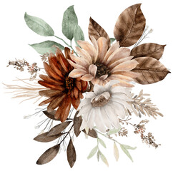 Autumn Flower and Leaves Bouquet Watercolor - obrazy, fototapety, plakaty