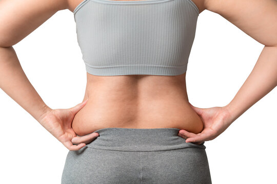 Chubby woman hand holding belly fat, Woman diet lifestyle concept,  Isolate on white background.