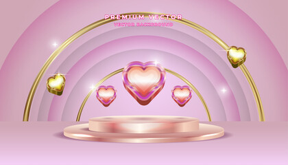 Premium vector, 3D Gold love shape High Quality Pink Purple Background