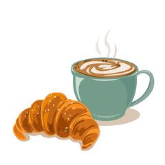 A cup of coffee latte and croissant vector isolated